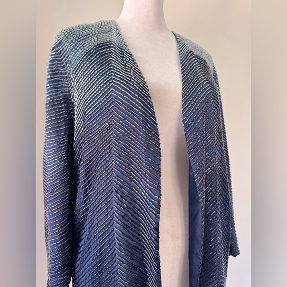 Haute Hippie 100% Silk Navy Blue Beaded 3/4 Sleeve Open Front Jacket - Picture 5 of 10